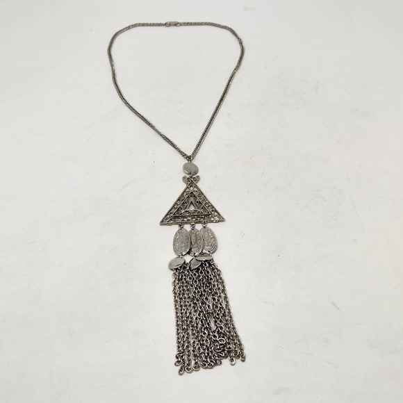 Silver Tone Layered Pendant Tassel Chain Necklace Statement Triangle Textured - Picture 4 of 6